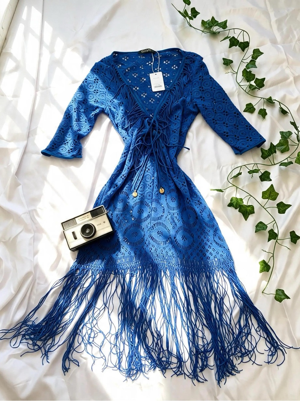 Stunning NWT Blue Boho Crochet Cover Up/ Dress- Festival Beach Blue Fringe Midi